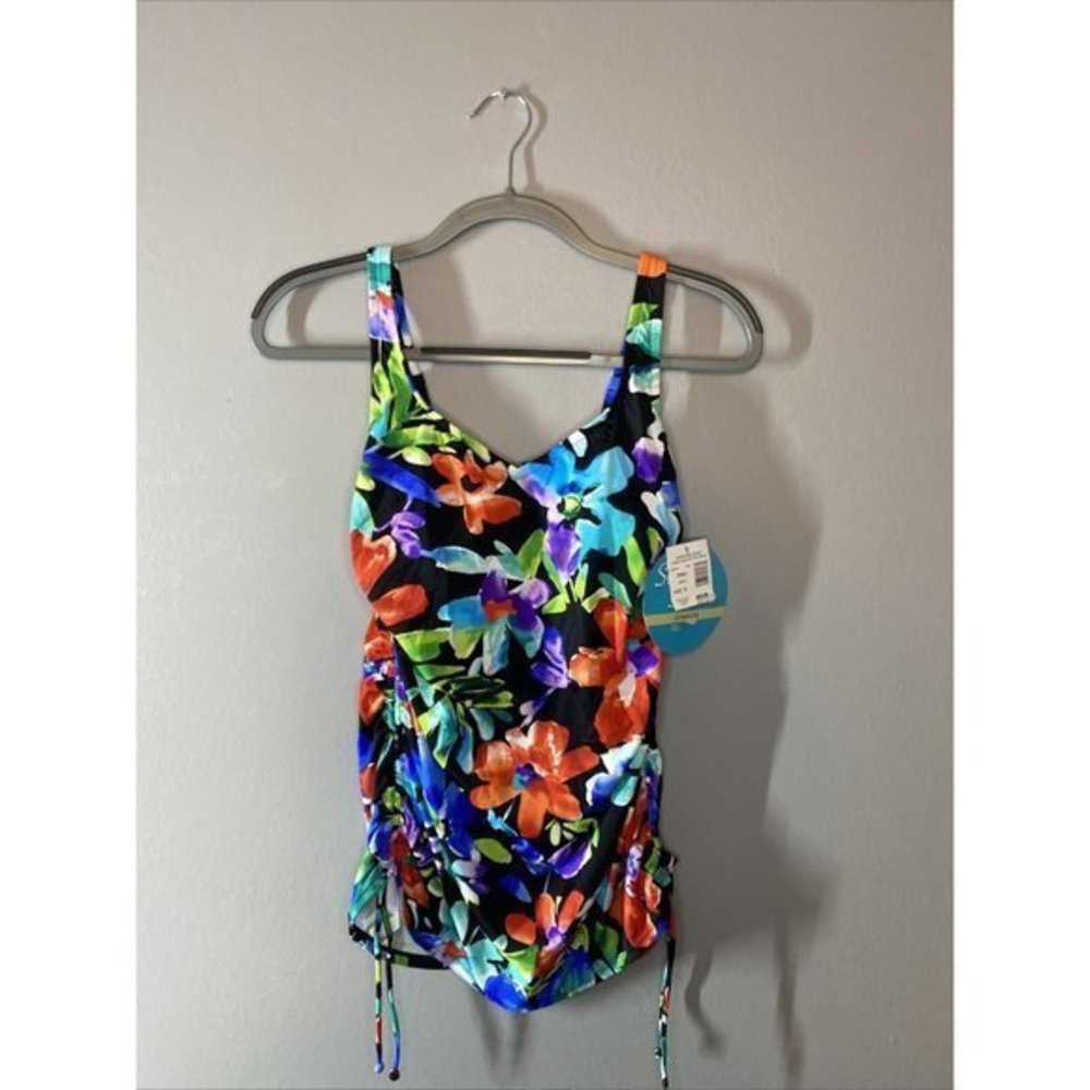 Swim Solutions Floral Blue Pink White Multicolor Single Tier Tankini Top sz 8